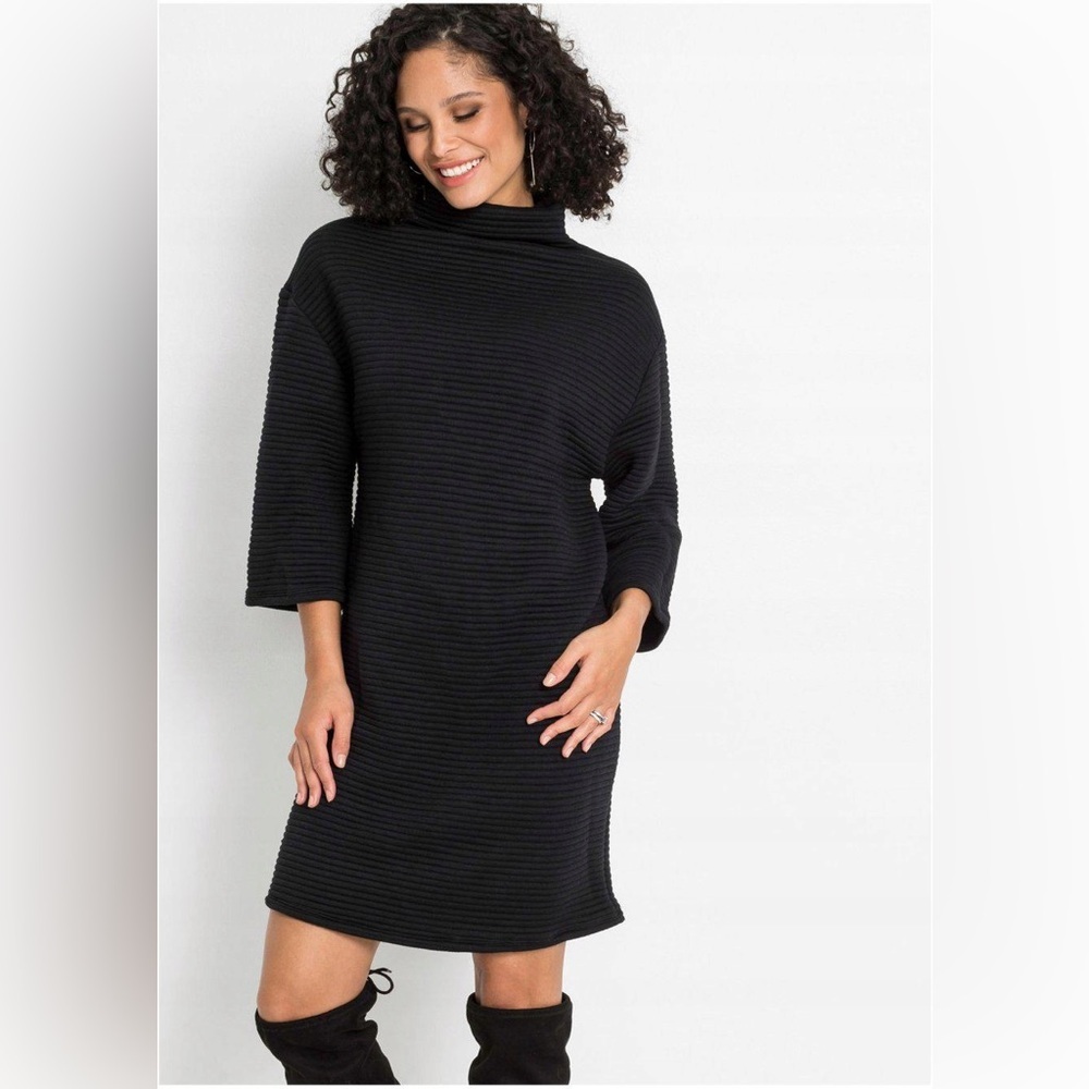 Zara Black Ottoman Ribbed Mock Neck Dress 3/4 Sleeve Size S Nwt